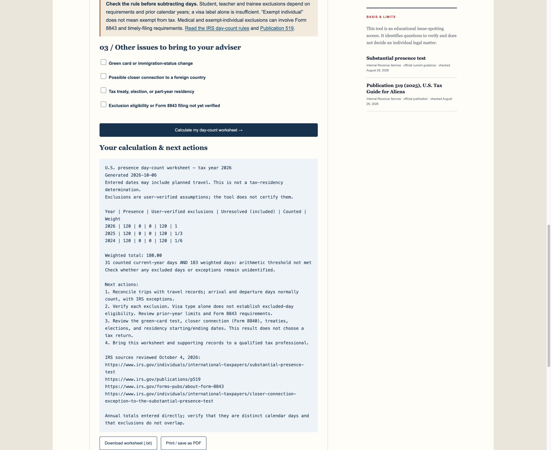 US Law Explained - Substantial Presence Test Worksheet screenshot