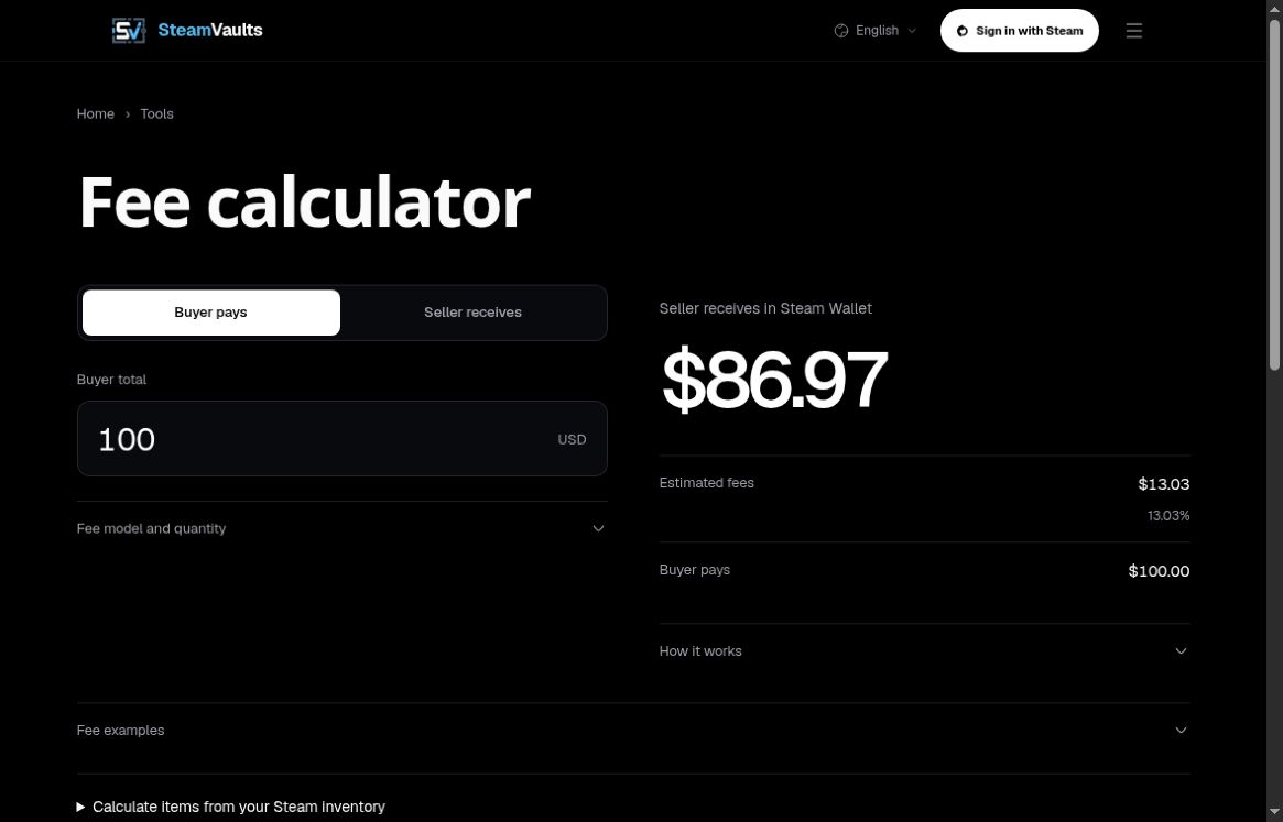 SteamVaults Steam Market Fee Calculator screenshot