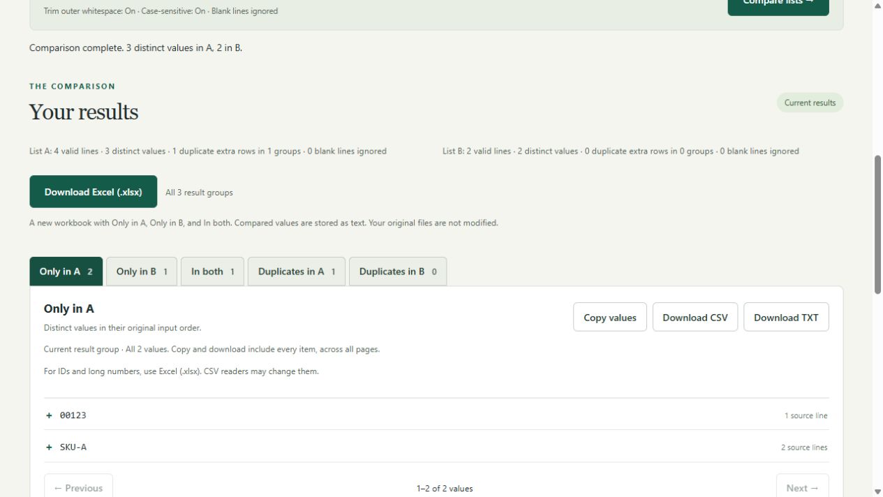 Compare Two Lists screenshot